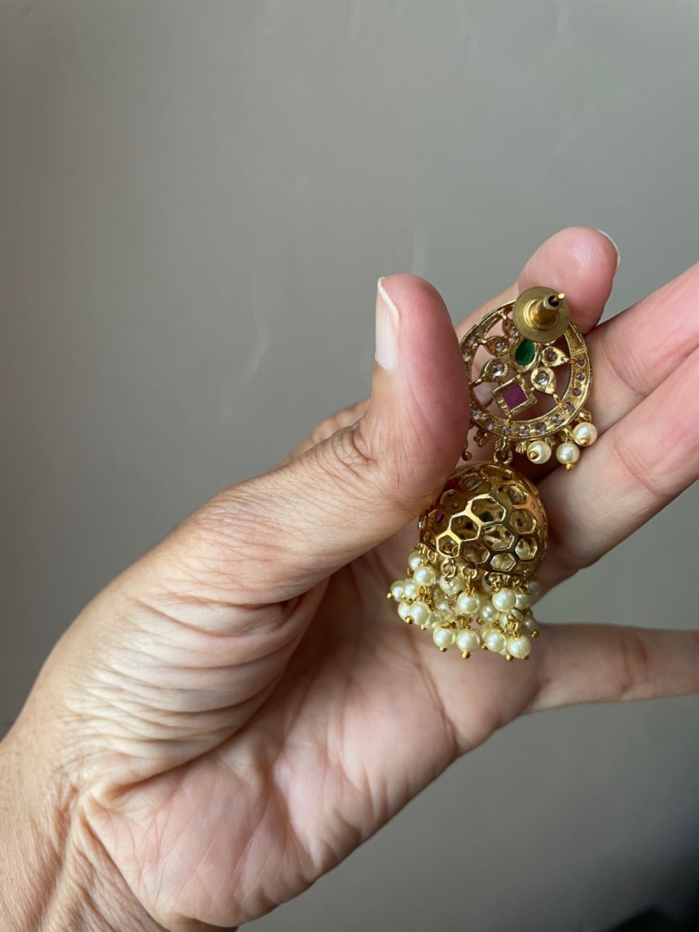 Gold-Tone Pearl Jhumka Earrings with Green & Pink Stones - Picture 5 of 5